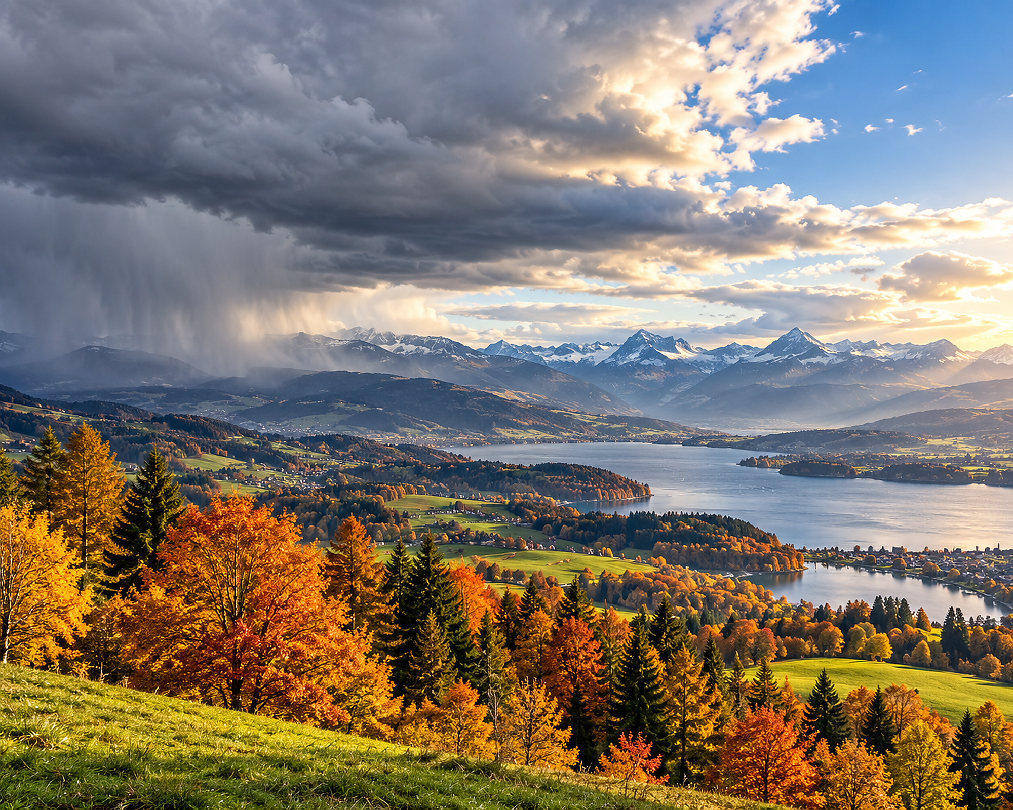 Autumn landscape in Europe with sunshine, dark shower clouds and mountains