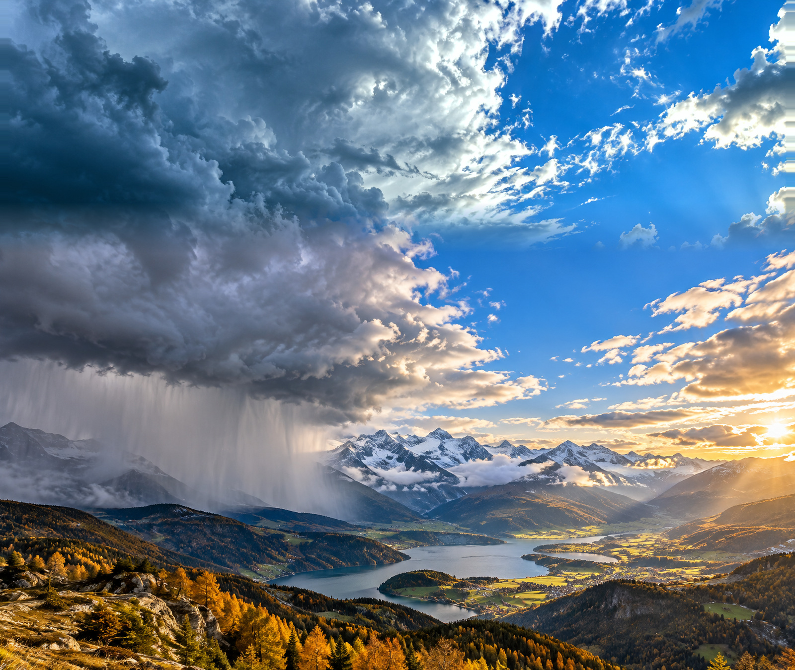 Symbolic European autumn weather scene with a rain front over the Alps and brighter conditions beyond