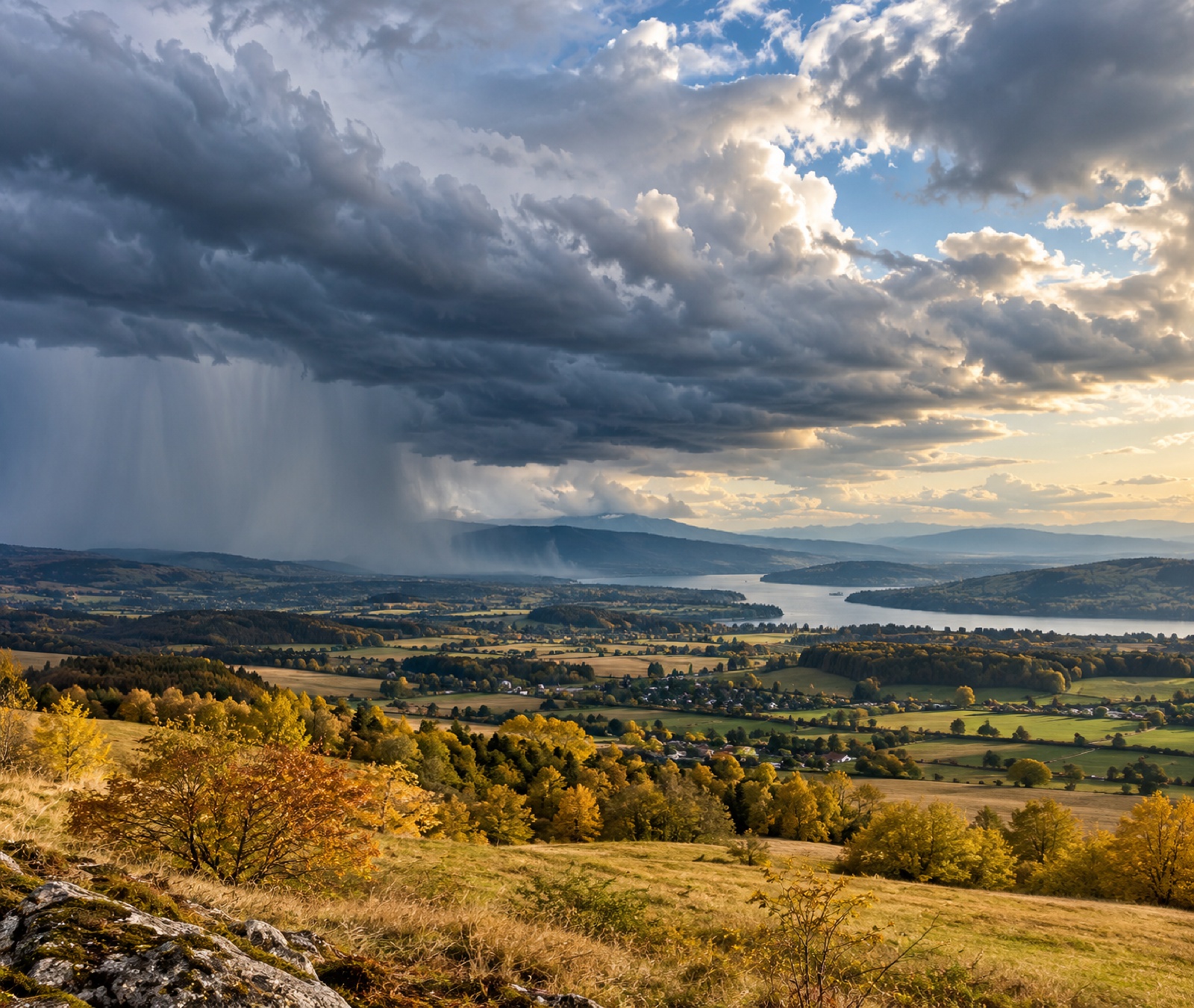 Autumn landscape in central Europe beneath an approaching shower band, illustrating the cooler and unsettled weather pattern.