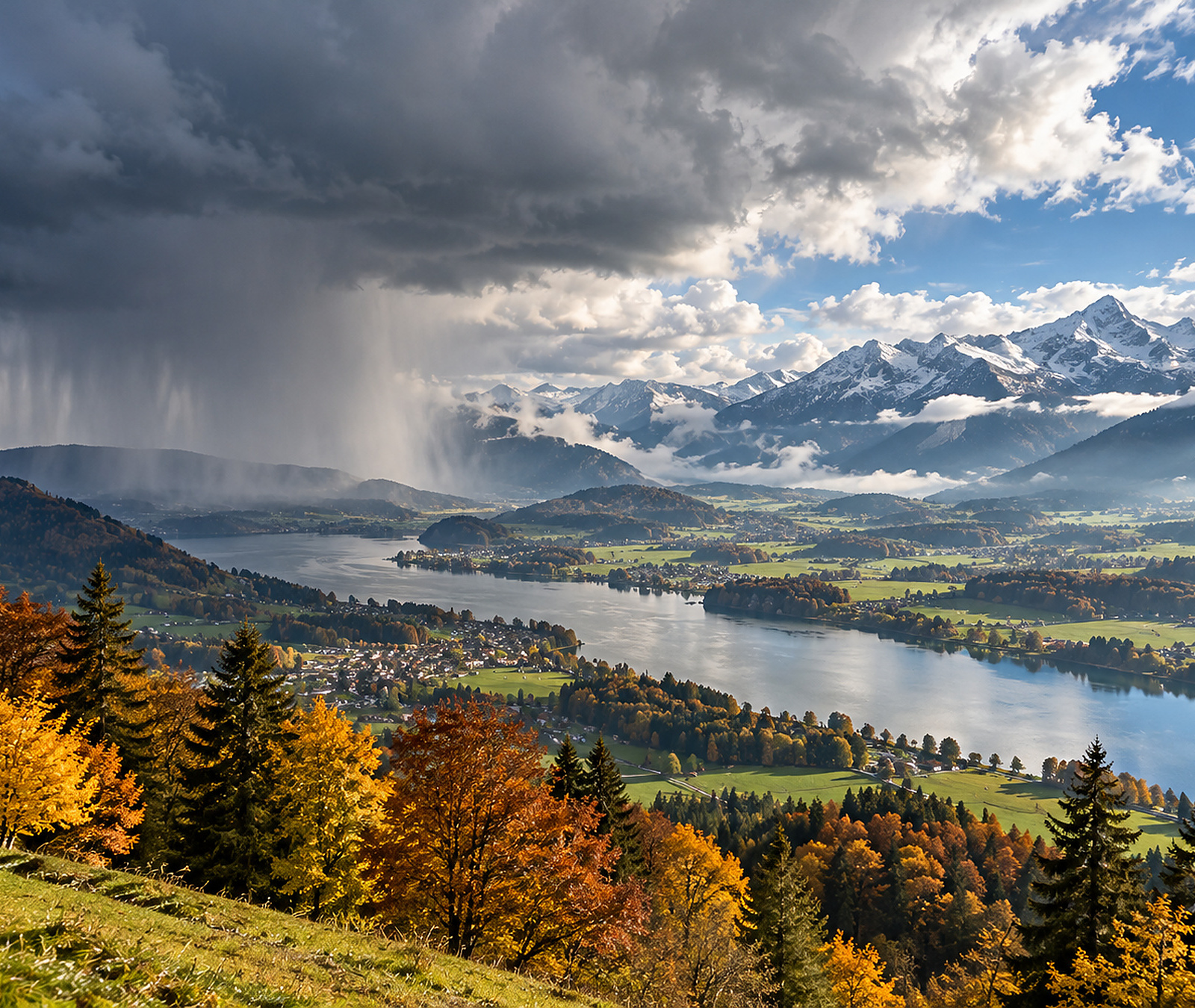 European autumn mountain and lake landscape with an approaching shower front and snow on high Alpine peaks, illustrating the unsettled weekend pattern.