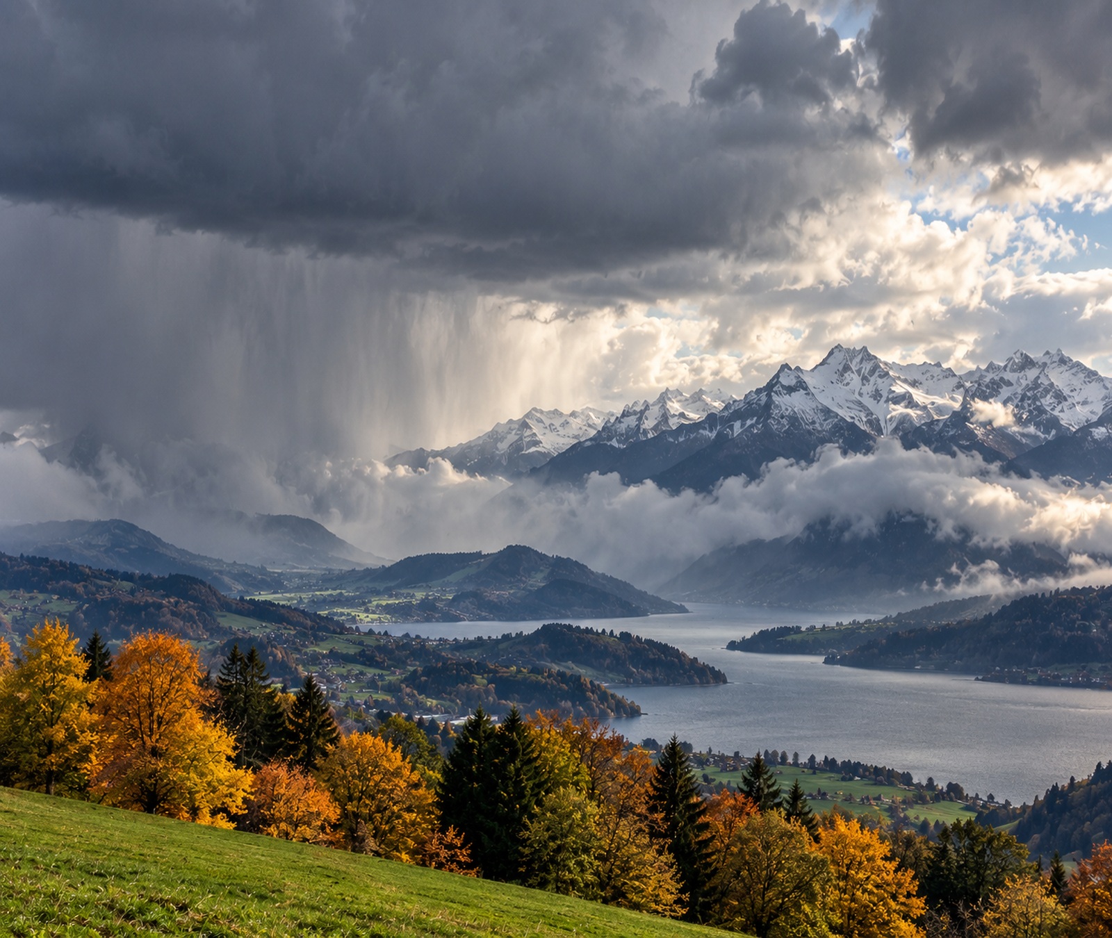 Illustrative image: central European autumn landscape under an advancing cold front with fresh snow confined to the high Alps.