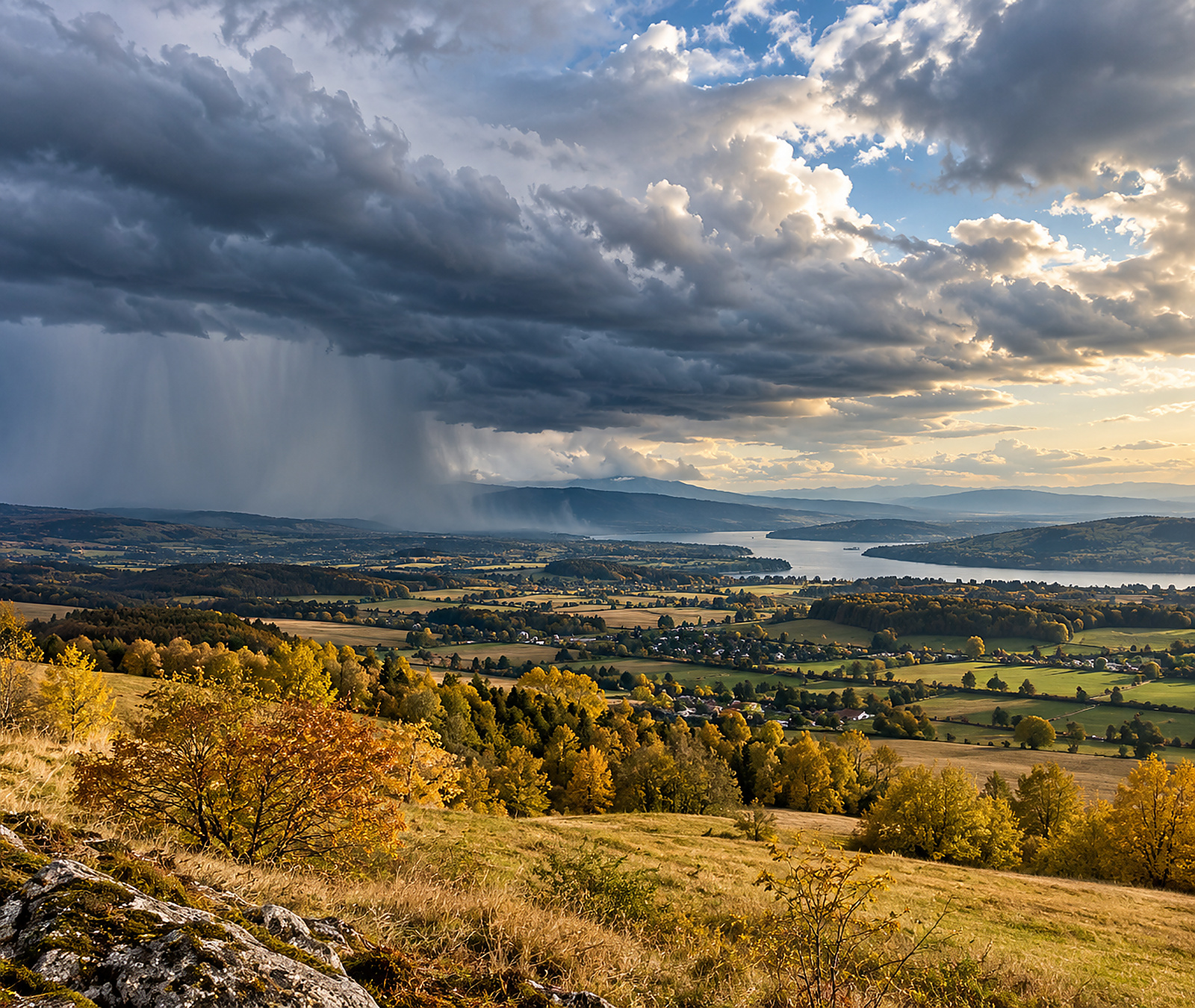 European autumn landscape beneath a sharp contrast of sunshine and advancing storm clouds, illustrating the transition toward more unsettled weather by Wednesday evening.