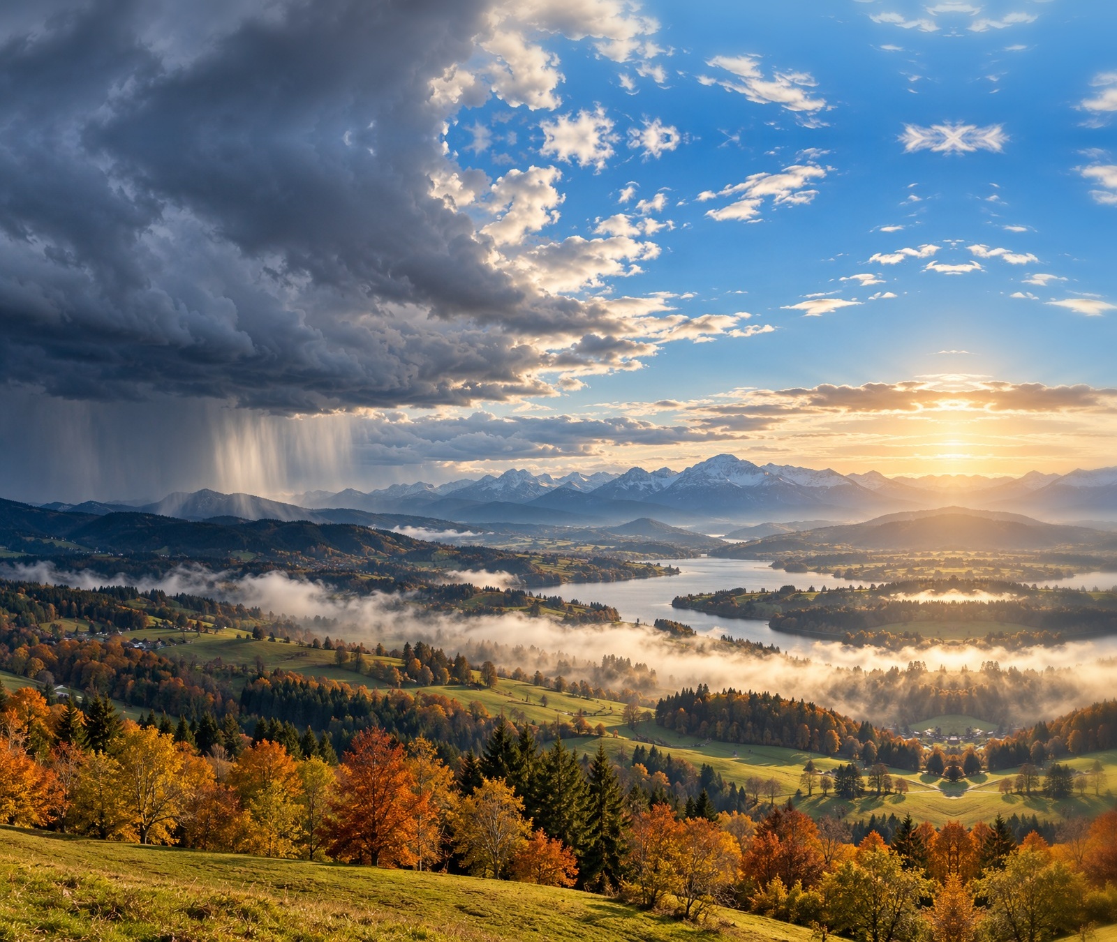 Panoramic European autumn landscape with a strong contrast between sunshine and a distant rain shaft, illustrating the split weather pattern across Europe.