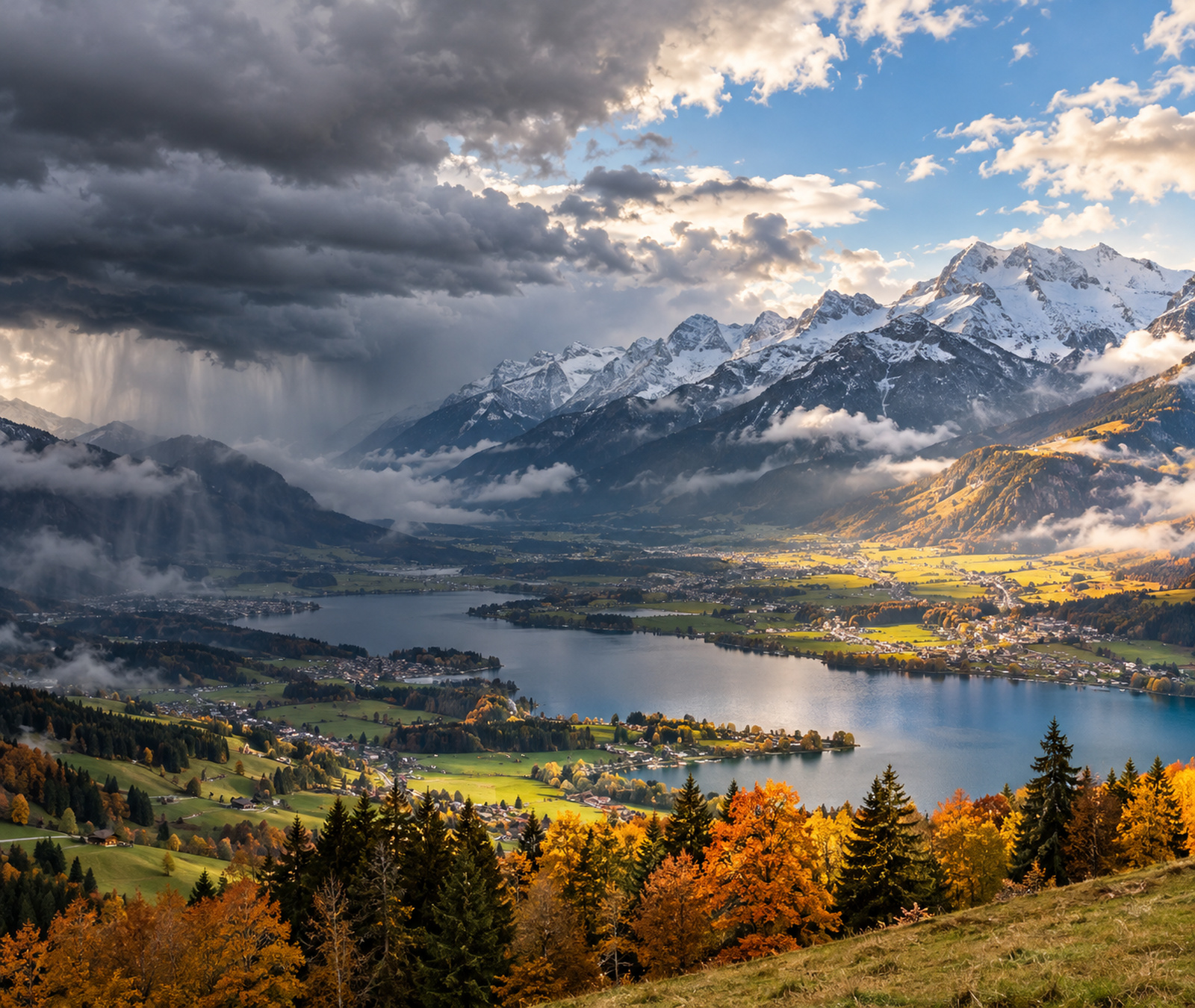 Symbolic European autumn weather scene with a rain front over the Alps, fresh snow on high peaks and brighter breaks to the west