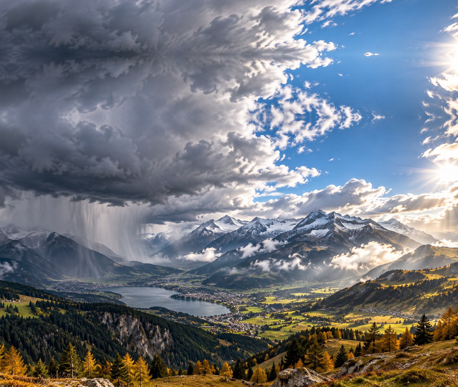 European alpine landscape showing a rain front on one side and brighter autumn weather on the other, with fresh snow on high peaks.