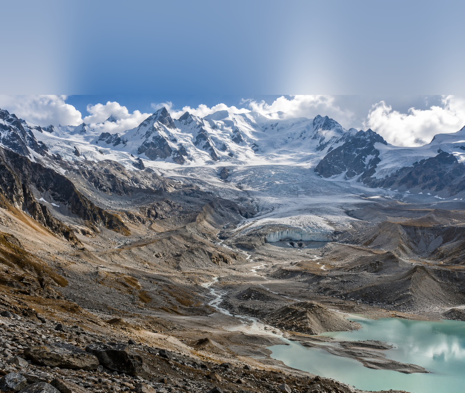 Editorial illustration of a retreating mountain glacier and proglacial meltwater lake.
