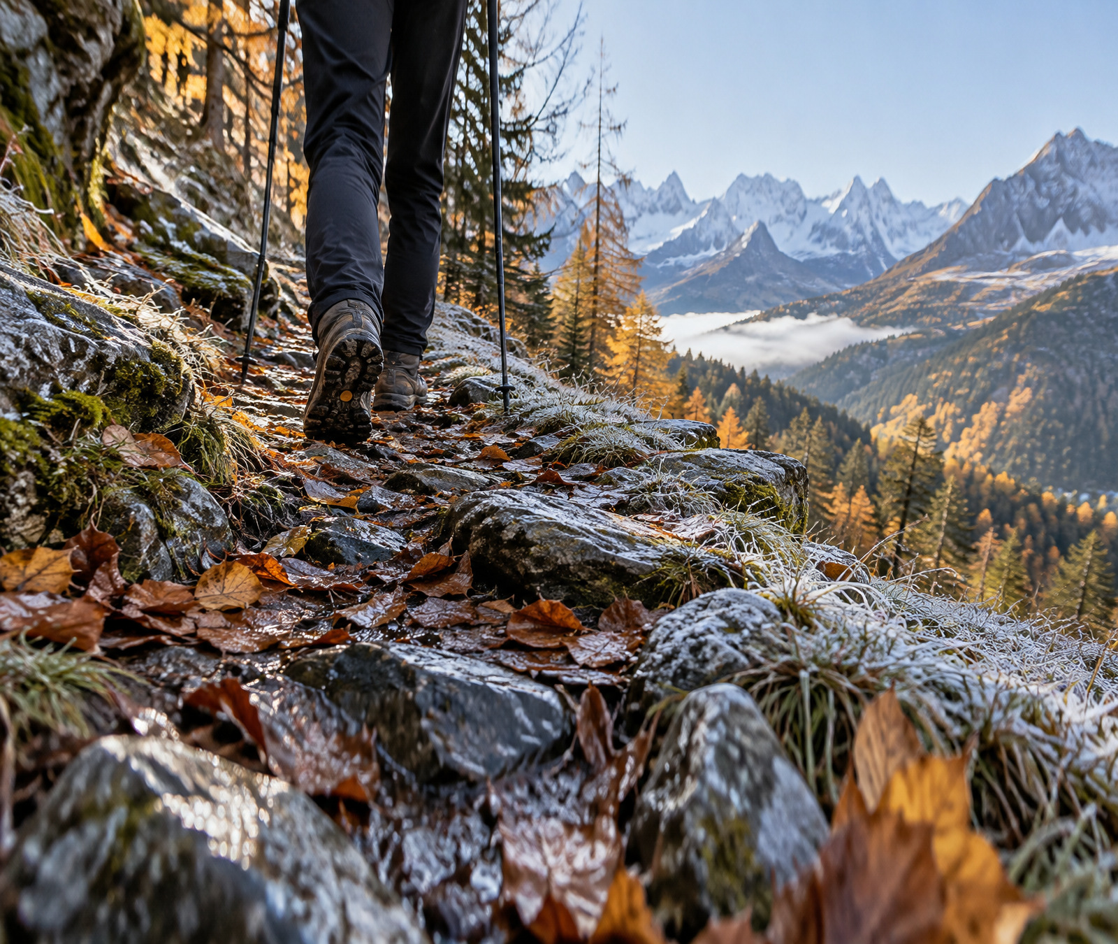 Hiker walking along a stony alpine path in cool autumn weather, illustrative image