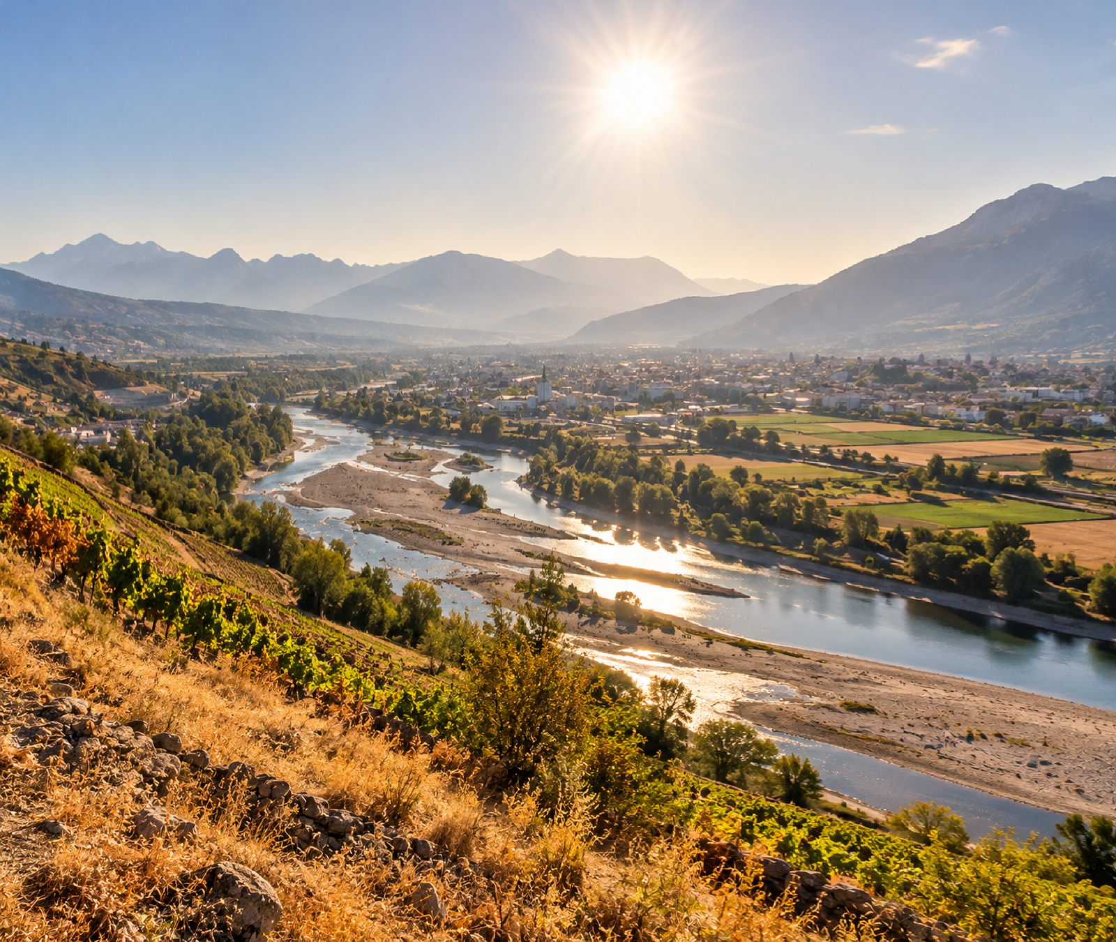 Editorial illustration of a dry European river valley under intense summer heat and strong sunshine.